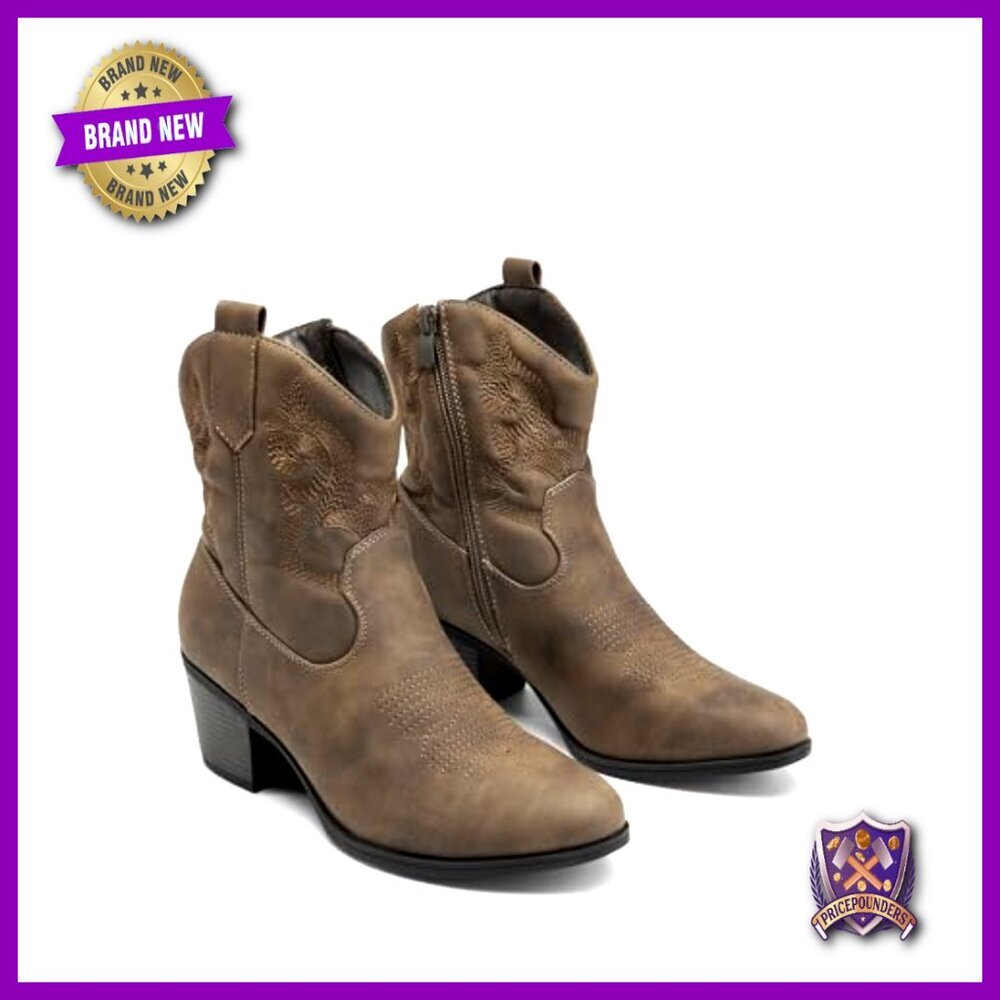 Western Cowgirl Ankle Boots Embroidered Chunky Heel Round Toe Fashion Booties - Picture 6 of 7